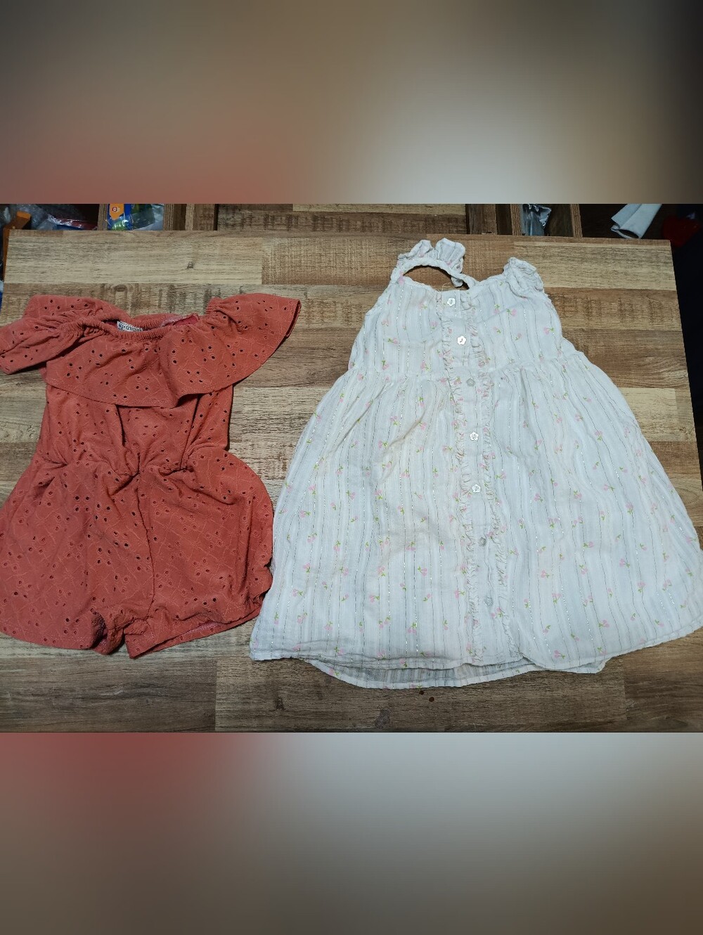 Lot Of Girls Size 7/8 White Floral Button-Front Sundress & Coral Romper